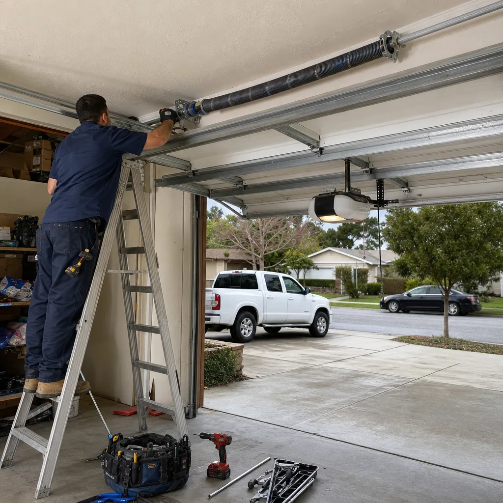 Professional technician repairing a garage door torsion spring system on a ladder.