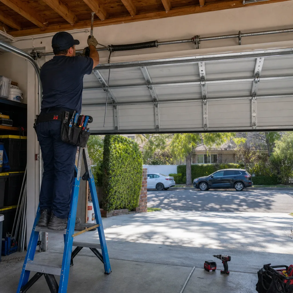 Technician performing professional garage door spring repair and maintenance