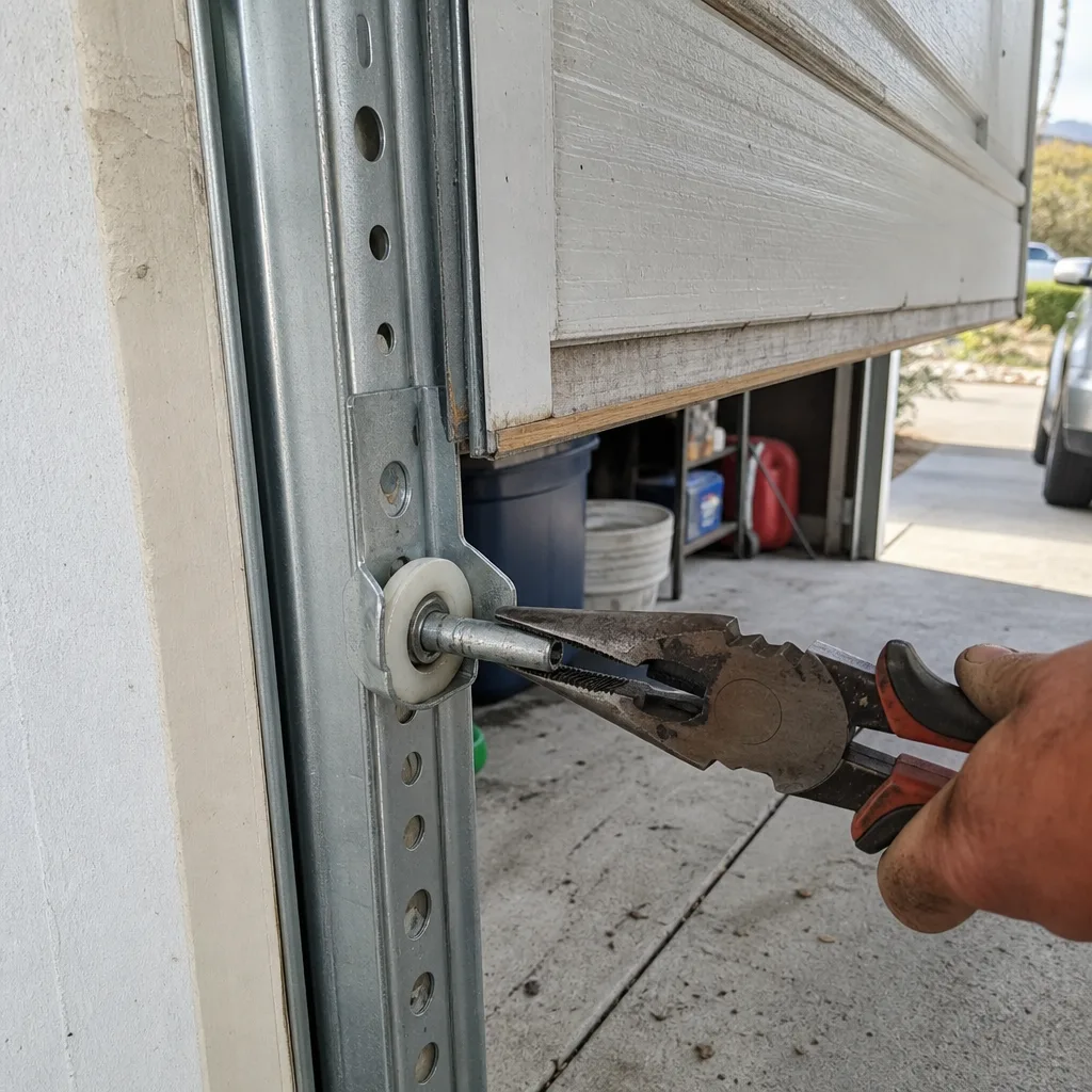 Technician repairing a garage door roller with pliers