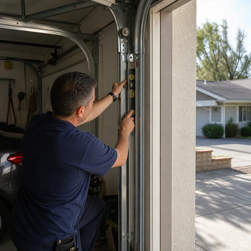 Technician using a level to adjust a garage door track