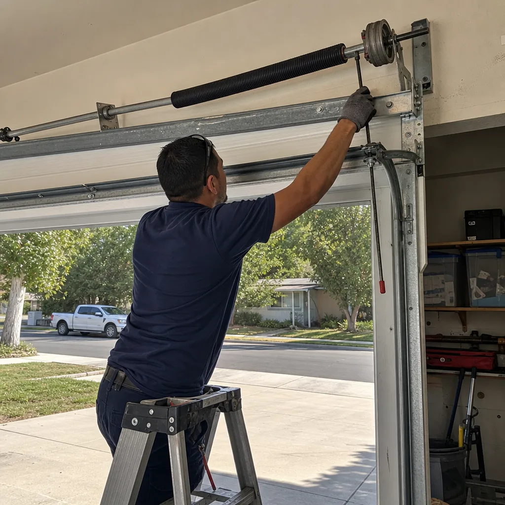 Technician performing emergency garage door spring repair and maintenance nationwide