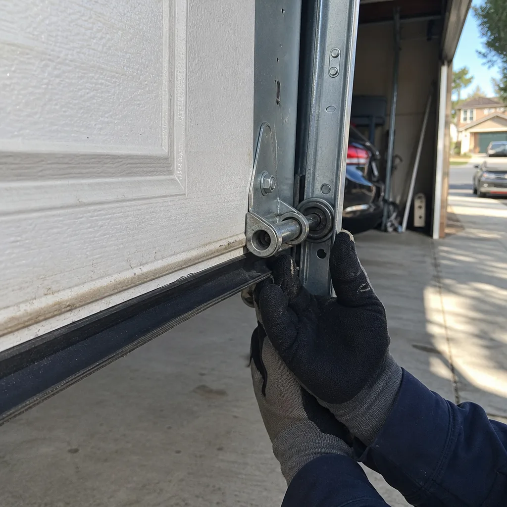 Technician performing emergency garage door repair on side roller assembly nationwide